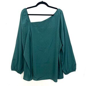 Lane Bryant Dark Green Embellished Asymmetrical Neck Long Sleeve Blouse 22